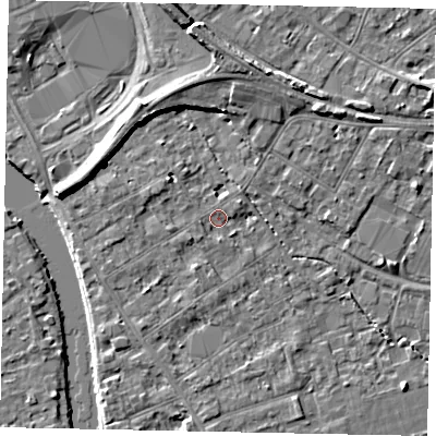 Shaded relief map of the ground around TW182FA, computed from Environment Agency LiDAR. The ground here sits at about 15 m above sea level and falls 7 m across the surrounding 800 m. Surface water reaching this point runs off ground lying to the west-north-west, 2.2 m higher.