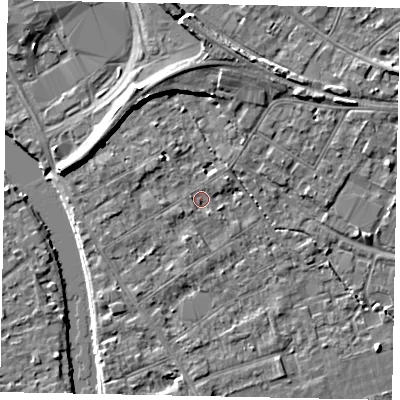 Shaded relief map of the ground around TW182FB, computed from Environment Agency LiDAR. The ground here sits at about 15 m above sea level and falls 7 m across the surrounding 800 m. Surface water reaching this point runs off ground lying to the west-north-west, 1.0 m higher.