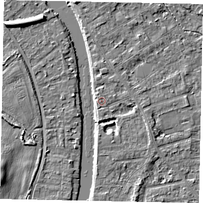 Shaded relief map of the ground around TW182HA, computed from Environment Agency LiDAR. The ground here sits at about 15 m above sea level and falls 7 m across the surrounding 800 m. Surface water reaching this point runs off ground lying to the east-south-east, 3.1 m higher.