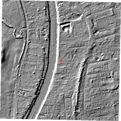 Shaded relief map of the ground around TW182HB, computed from Environment Agency LiDAR. The ground here sits at about 15 m above sea level and falls 4 m across the surrounding 800 m. Surface water reaching this point runs off ground lying to the north, 0.8 m higher.