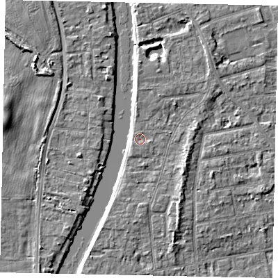 Shaded relief map of the ground around TW182HD, computed from Environment Agency LiDAR. The ground here sits at about 15 m above sea level and falls 4 m across the surrounding 800 m. Surface water reaching this point runs off ground lying to the east-south-east, 0.6 m higher.