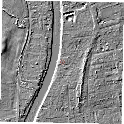 Shaded relief map of the ground around TW182HE, computed from Environment Agency LiDAR. The ground here sits at about 15 m above sea level and falls 4 m across the surrounding 800 m. Surface water reaching this point runs off ground lying to the east-south-east, 2.7 m higher.