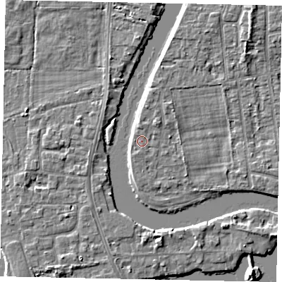 Shaded relief map of the ground around TW182HF, computed from Environment Agency LiDAR. The ground here sits at about 14 m above sea level and falls 5 m across the surrounding 800 m. Surface water reaching this point runs off ground lying to the north, 0.9 m higher.