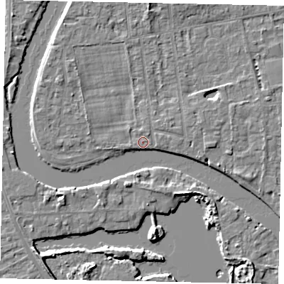 Shaded relief map of the ground around TW182HG, computed from Environment Agency LiDAR. The ground here sits at about 14 m above sea level and falls 6 m across the surrounding 800 m. Surface water reaching this point runs off ground lying to the north-east, 0.8 m higher.