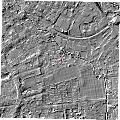 Shaded relief map of the ground around TW182HH, computed from Environment Agency LiDAR. The ground here sits at about 14 m above sea level and falls 5 m across the surrounding 800 m. Surface water reaching this point runs off ground lying to the south-south-west, 1.6 m higher.