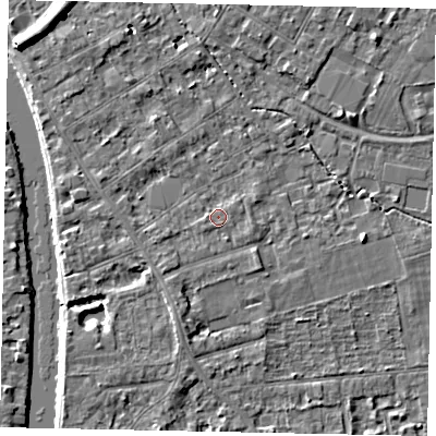Shaded relief map of the ground around TW182HN, computed from Environment Agency LiDAR. The ground here sits at about 15 m above sea level and falls 7 m across the surrounding 800 m. Surface water reaching this point runs off ground lying to the south-south-east, 0.7 m higher.