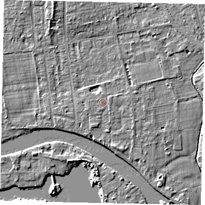 Shaded relief map of the ground around TW182HP, computed from Environment Agency LiDAR. The ground here sits at about 15 m above sea level and falls 5 m across the surrounding 800 m. Surface water reaching this point runs off ground lying to the south-south-west, 0.6 m higher.