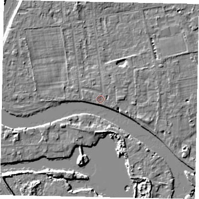 Shaded relief map of the ground around TW182HQ, computed from Environment Agency LiDAR. The ground here sits at about 15 m above sea level and falls 6 m across the surrounding 800 m. The ground contributing surface water to this point lies to the north-east.