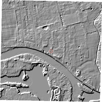 Shaded relief map of the ground around TW182HS, computed from Environment Agency LiDAR. The ground here sits at about 14 m above sea level and falls 6 m across the surrounding 800 m. Surface water reaching this point runs off ground lying to the north-west, 1.3 m higher.
