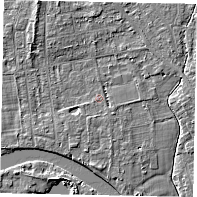 Shaded relief map of the ground around TW182HT, computed from Environment Agency LiDAR. The ground here sits at about 14 m above sea level and falls 5 m across the surrounding 800 m. Surface water reaching this point runs off ground lying to the south, 1.1 m higher.