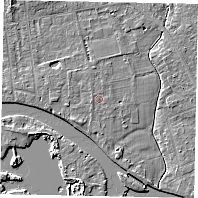 Shaded relief map of the ground around TW182HU, computed from Environment Agency LiDAR. The ground here sits at about 15 m above sea level and falls 6 m across the surrounding 800 m. Surface water reaching this point runs off ground lying to the west-south-west, 0.8 m higher.