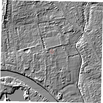 Shaded relief map of the ground around TW182HX, computed from Environment Agency LiDAR. The ground here sits at about 14 m above sea level and falls 5 m across the surrounding 800 m. Surface water reaching this point runs off ground lying to the south-south-west, 1.0 m higher.