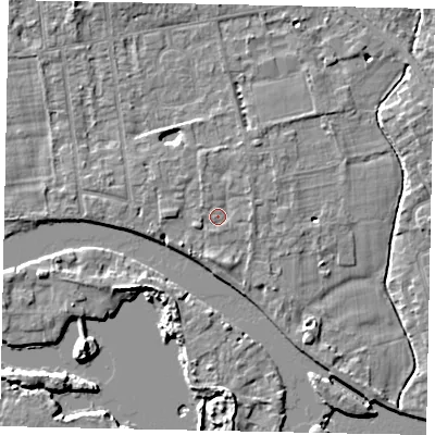 Shaded relief map of the ground around TW182HY, computed from Environment Agency LiDAR. The ground here sits at about 15 m above sea level and falls 6 m across the surrounding 800 m. Surface water reaching this point runs off ground lying to the north-north-west, 1.1 m higher.
