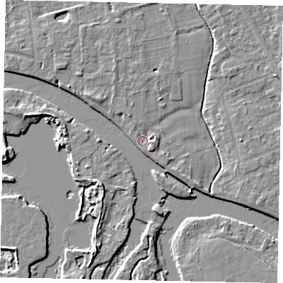Shaded relief map of the ground around TW182JA, computed from Environment Agency LiDAR. The ground here sits at about 14 m above sea level and falls 6 m across the surrounding 800 m. Surface water reaching this point runs off ground lying to the south-east, 1.8 m higher.