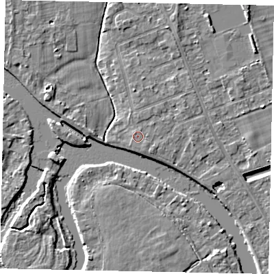 Shaded relief map of the ground around TW182JD, computed from Environment Agency LiDAR. The ground here sits at about 14 m above sea level and falls 4 m across the surrounding 800 m. Surface water reaching this point runs off ground lying to the east-south-east, 0.6 m higher.