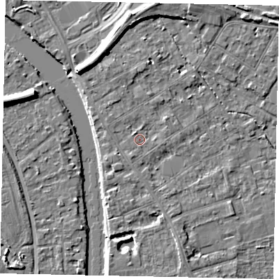 Shaded relief map of the ground around TW182JF, computed from Environment Agency LiDAR. The ground here sits at about 15 m above sea level and falls 7 m across the surrounding 800 m. Surface water reaching this point runs off ground lying to the south-south-west, 1.3 m higher.