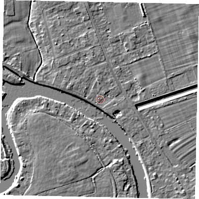 Shaded relief map of the ground around TW182JH, computed from Environment Agency LiDAR. The ground here sits at about 14 m above sea level and falls 4 m across the surrounding 800 m. Surface water reaching this point runs off ground lying to the north, 1.4 m higher.