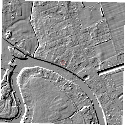 Shaded relief map of the ground around TW182JJ, computed from Environment Agency LiDAR. The ground here sits at about 14 m above sea level and falls 4 m across the surrounding 800 m. Surface water reaching this point runs off ground lying to the west-north-west, 0.8 m higher.