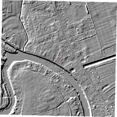 Shaded relief map of the ground around TW182JL, computed from Environment Agency LiDAR. The ground here sits at about 14 m above sea level and falls 4 m across the surrounding 800 m. Surface water reaching this point runs off ground lying to the north, 1.1 m higher.
