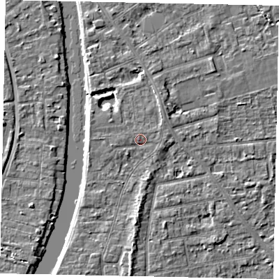 Shaded relief map of the ground around TW182JT, computed from Environment Agency LiDAR. The ground here sits at about 15 m above sea level and falls 4 m across the surrounding 800 m. Surface water reaching this point runs off ground lying to the west-south-west, 0.9 m higher.