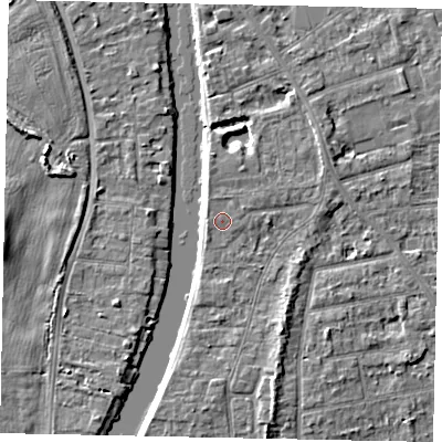 Shaded relief map of the ground around TW182JU, computed from Environment Agency LiDAR. The ground here sits at about 15 m above sea level and falls 4 m across the surrounding 800 m. Surface water reaching this point runs off ground lying to the west-north-west, 0.6 m higher.
