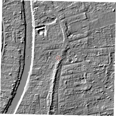 Shaded relief map of the ground around TW182JX, computed from Environment Agency LiDAR. The ground here sits at about 15 m above sea level and falls 4 m across the surrounding 800 m. Surface water reaching this point runs off ground lying to the west-north-west, 1.1 m higher.