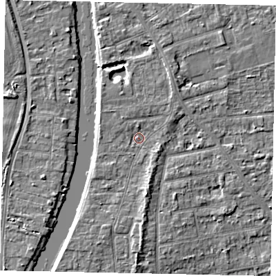 Shaded relief map of the ground around TW182JY, computed from Environment Agency LiDAR. The ground here sits at about 15 m above sea level and falls 4 m across the surrounding 800 m. Surface water reaching this point runs off ground lying to the south-east, 1.6 m higher.