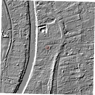 Shaded relief map of the ground around TW182JZ, computed from Environment Agency LiDAR. The ground here sits at about 15 m above sea level and falls 4 m across the surrounding 800 m. Surface water reaching this point runs off ground lying to the east, 1.0 m higher.