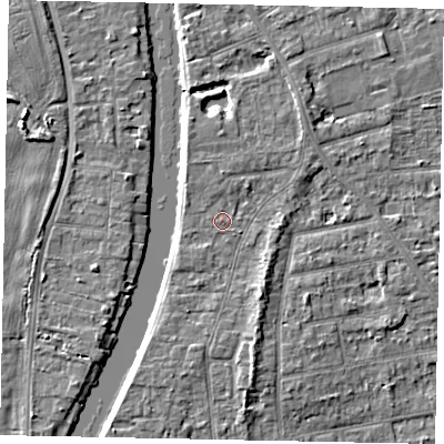 Shaded relief map of the ground around TW182LA, computed from Environment Agency LiDAR. The ground here sits at about 15 m above sea level and falls 4 m across the surrounding 800 m. Surface water reaching this point runs off ground lying to the north-west, 0.9 m higher.