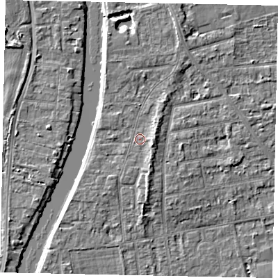 Shaded relief map of the ground around TW182LB, computed from Environment Agency LiDAR. The ground here sits at about 15 m above sea level and falls 4 m across the surrounding 800 m. Surface water reaching this point runs off ground lying to the east-south-east, 2.4 m higher.
