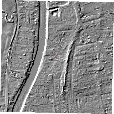 Shaded relief map of the ground around TW182LD, computed from Environment Agency LiDAR. The ground here sits at about 15 m above sea level and falls 4 m across the surrounding 800 m. Surface water reaching this point runs off ground lying to the east-south-east, 2.7 m higher.