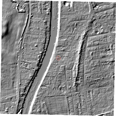 Shaded relief map of the ground around TW182LE, computed from Environment Agency LiDAR. The ground here sits at about 15 m above sea level and falls 5 m across the surrounding 800 m. Surface water reaching this point runs off ground lying to the south-south-east, 1.1 m higher.