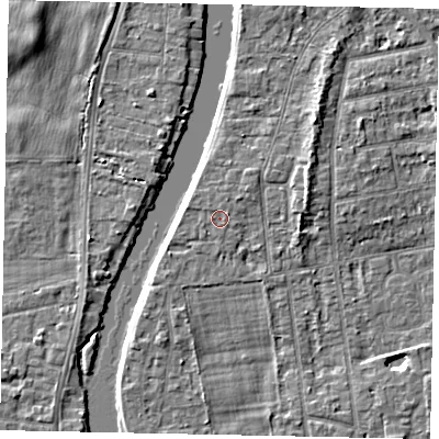 Shaded relief map of the ground around TW182LF, computed from Environment Agency LiDAR. The ground here sits at about 15 m above sea level and falls 5 m across the surrounding 800 m. Surface water reaching this point runs off ground lying to the east-north-east, 0.6 m higher.