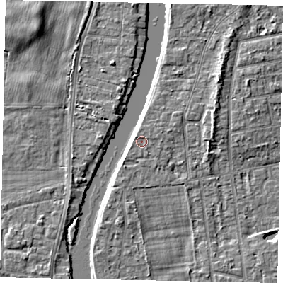 Shaded relief map of the ground around TW182LG, computed from Environment Agency LiDAR. The ground here sits at about 15 m above sea level and falls 5 m across the surrounding 800 m. Surface water reaching this point runs off ground lying to the north-west, 0.6 m higher.