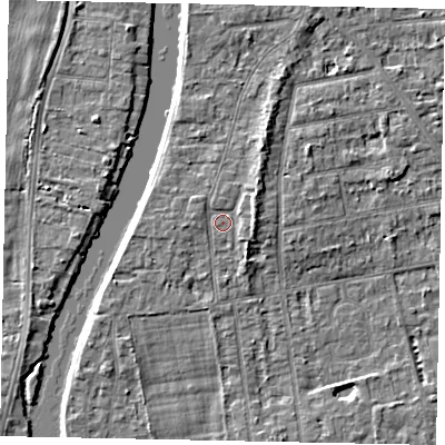 Shaded relief map of the ground around TW182LH, computed from Environment Agency LiDAR. The ground here sits at about 15 m above sea level and falls 5 m across the surrounding 800 m. Surface water reaching this point runs off ground lying to the east, 2.0 m higher.