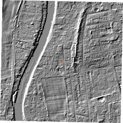Shaded relief map of the ground around TW182LJ, computed from Environment Agency LiDAR. The ground here sits at about 15 m above sea level and falls 5 m across the surrounding 800 m. Surface water reaching this point runs off ground lying to the north-east, 2.8 m higher.
