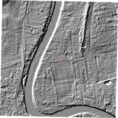 Shaded relief map of the ground around TW182LN, computed from Environment Agency LiDAR. The ground here sits at about 15 m above sea level and falls 5 m across the surrounding 800 m. Surface water reaching this point runs off ground lying to the north-north-west, 0.9 m higher.