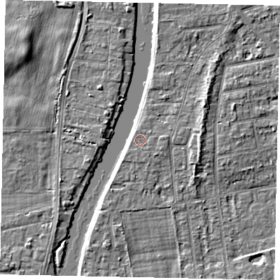 Shaded relief map of the ground around TW182LQ, computed from Environment Agency LiDAR. The ground here sits at about 15 m above sea level and falls 5 m across the surrounding 800 m. Surface water reaching this point runs off ground lying to the south-west, 0.6 m higher.