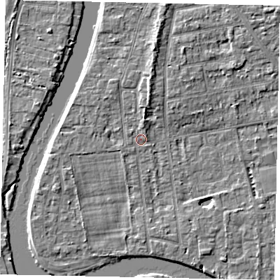 Shaded relief map of the ground around TW182LR, computed from Environment Agency LiDAR. The ground here sits at about 15 m above sea level and falls 5 m across the surrounding 800 m. Surface water reaching this point runs off ground lying to the north, 2.8 m higher.