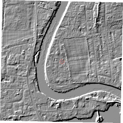 Shaded relief map of the ground around TW182LW, computed from Environment Agency LiDAR. The ground here sits at about 14 m above sea level and falls 5 m across the surrounding 800 m. Surface water reaching this point runs off ground lying to the north, 1.0 m higher.