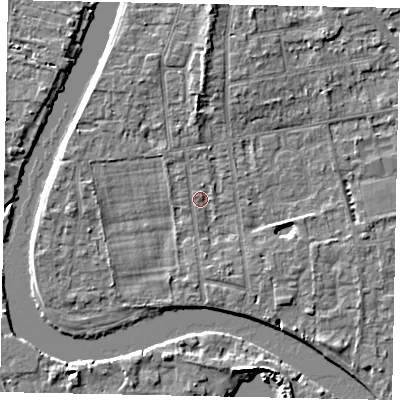 Shaded relief map of the ground around TW182NA, computed from Environment Agency LiDAR. The ground here sits at about 14 m above sea level and falls 5 m across the surrounding 800 m. Surface water reaching this point runs off ground lying to the north-west, 0.7 m higher.
