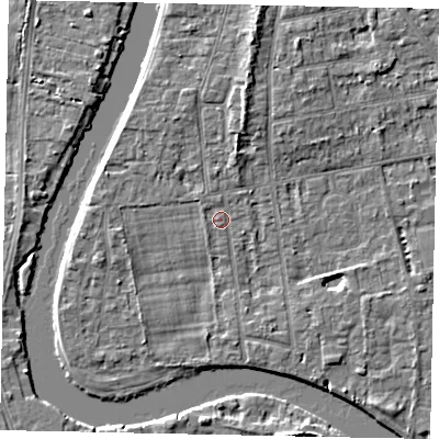 Shaded relief map of the ground around TW182NB, computed from Environment Agency LiDAR. The ground here sits at about 15 m above sea level and falls 5 m across the surrounding 800 m. Surface water reaching this point runs off ground lying to the north-west, 0.7 m higher.