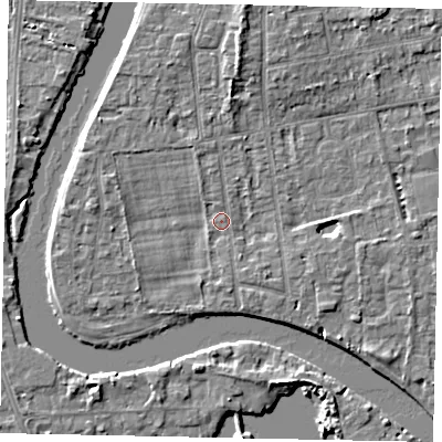 Shaded relief map of the ground around TW182ND, computed from Environment Agency LiDAR. The ground here sits at about 14 m above sea level and falls 5 m across the surrounding 800 m. Surface water reaching this point runs off ground lying to the north-north-west, 0.7 m higher.