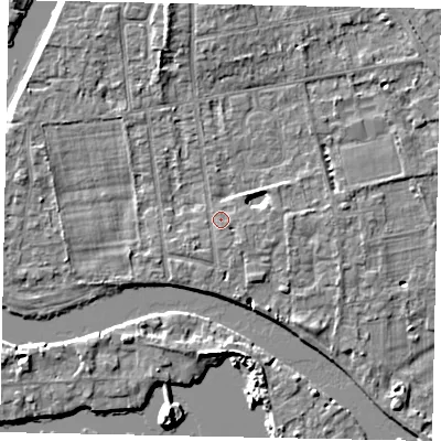 Shaded relief map of the ground around TW182NE, computed from Environment Agency LiDAR. The ground here sits at about 15 m above sea level and falls 5 m across the surrounding 800 m. Surface water reaching this point runs off ground lying to the south-west, 0.8 m higher.