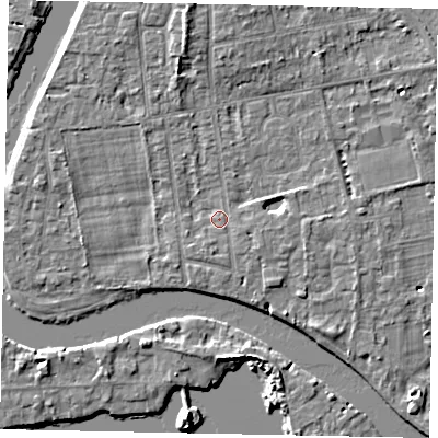 Shaded relief map of the ground around TW182NF, computed from Environment Agency LiDAR. The ground here sits at about 15 m above sea level and falls 5 m across the surrounding 800 m. Surface water reaching this point runs off ground lying to the south-south-west, 0.9 m higher.