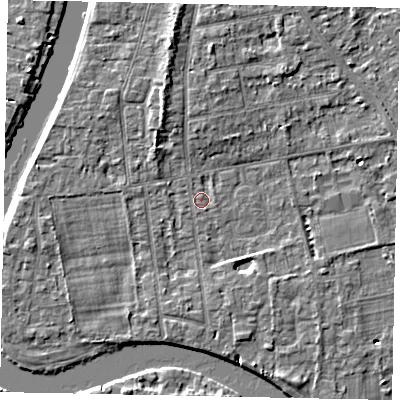 Shaded relief map of the ground around TW182NG, computed from Environment Agency LiDAR. The ground here sits at about 14 m above sea level and falls 5 m across the surrounding 800 m. Surface water reaching this point runs off ground lying to the south, 1.8 m higher.