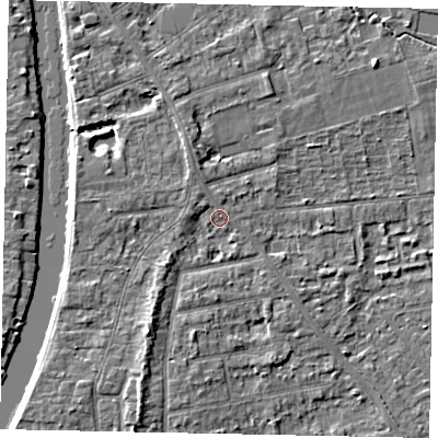 Shaded relief map of the ground around TW182NP, computed from Environment Agency LiDAR. The ground here sits at about 15 m above sea level and falls 4 m across the surrounding 800 m. Surface water reaching this point runs off ground lying to the south-south-west, 3.4 m higher.