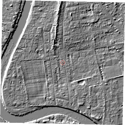 Shaded relief map of the ground around TW182NQ, computed from Environment Agency LiDAR. The ground here sits at about 14 m above sea level and falls 5 m across the surrounding 800 m. Surface water reaching this point runs off ground lying to the south-south-west, 0.9 m higher.