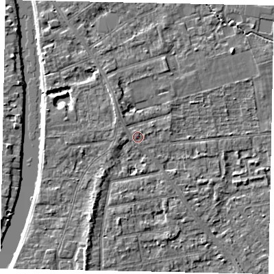 Shaded relief map of the ground around TW182NR, computed from Environment Agency LiDAR. The ground here sits at about 15 m above sea level and falls 4 m across the surrounding 800 m. Surface water reaching this point runs off ground lying to the north-west, 0.8 m higher.