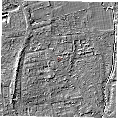 Shaded relief map of the ground around TW182NS, computed from Environment Agency LiDAR. The ground here sits at about 15 m above sea level and falls 5 m across the surrounding 800 m. Surface water reaching this point runs off ground lying to the north-west, 0.9 m higher.